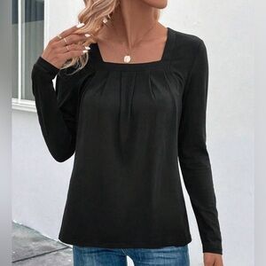 NEW Black Square Neck Long Sleeve Pleated Knit Top Size Extra Large